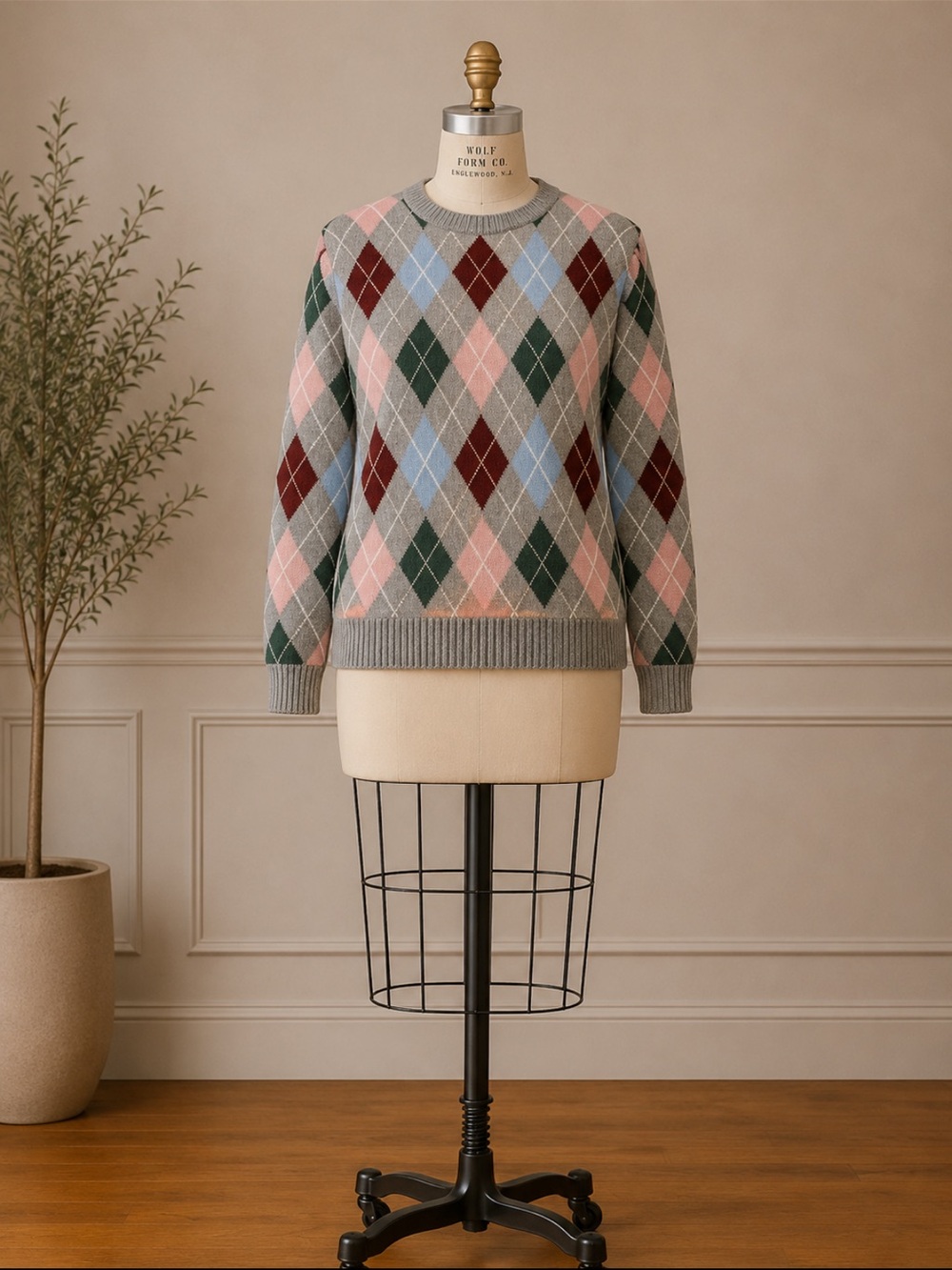 Old Navy Argyle Crewneck Sweater - Gray with Pink, Blue, Green & Burgundy